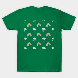 Rainbow and Rain Clouds Pattern in Green T-Shirt